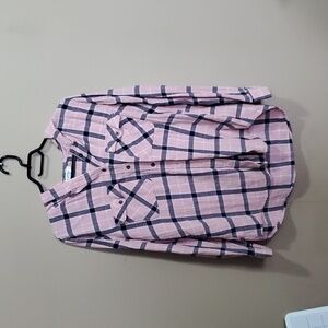 My Style Pink And Blue Plaid Hooded Button Down Flannel Shirt Size Large